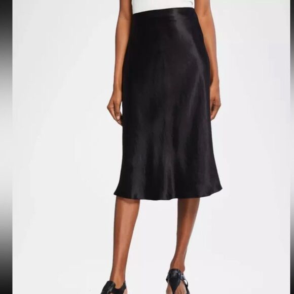 VINCE Satin A-Line Midi-Skirt in Black- Size Medium - Picture 3 of 12